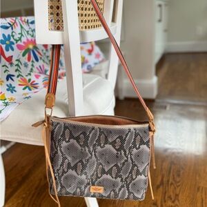 Consuela snake skin tote bad with colorful shoulder strap